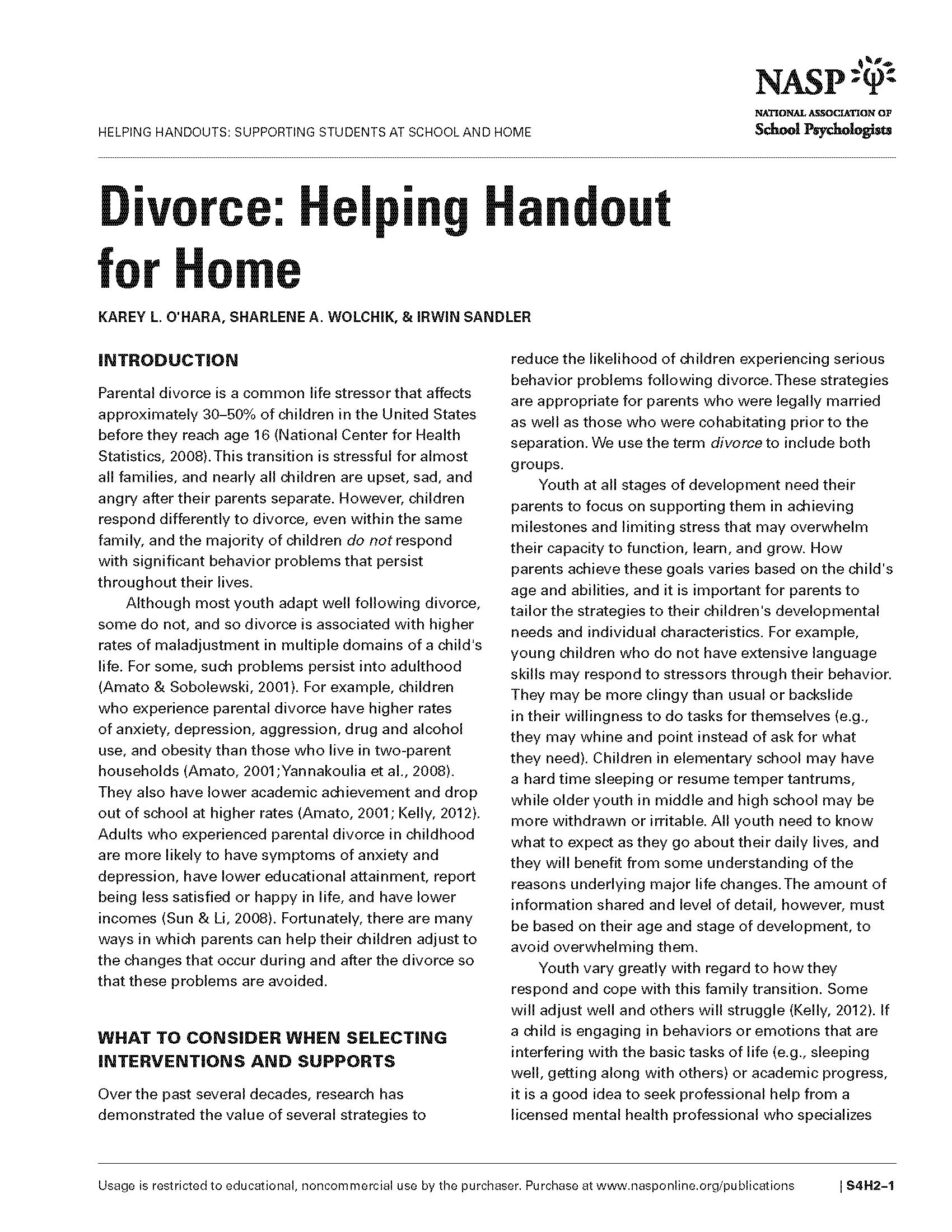 Divorce: Helping Handout for Home 