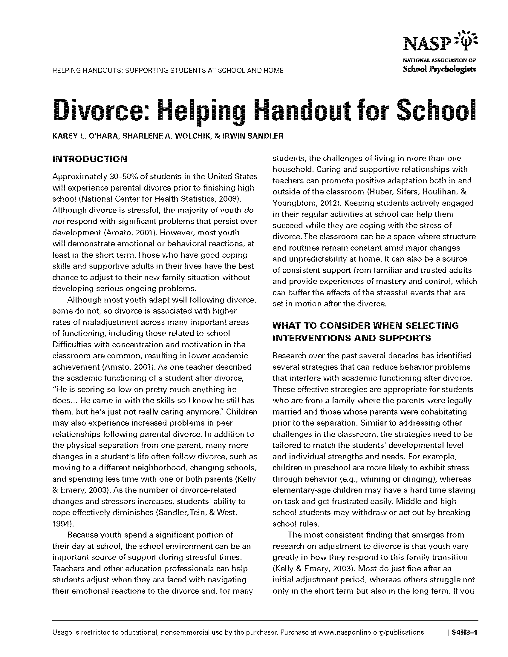 Divorce: Helping Handout for School