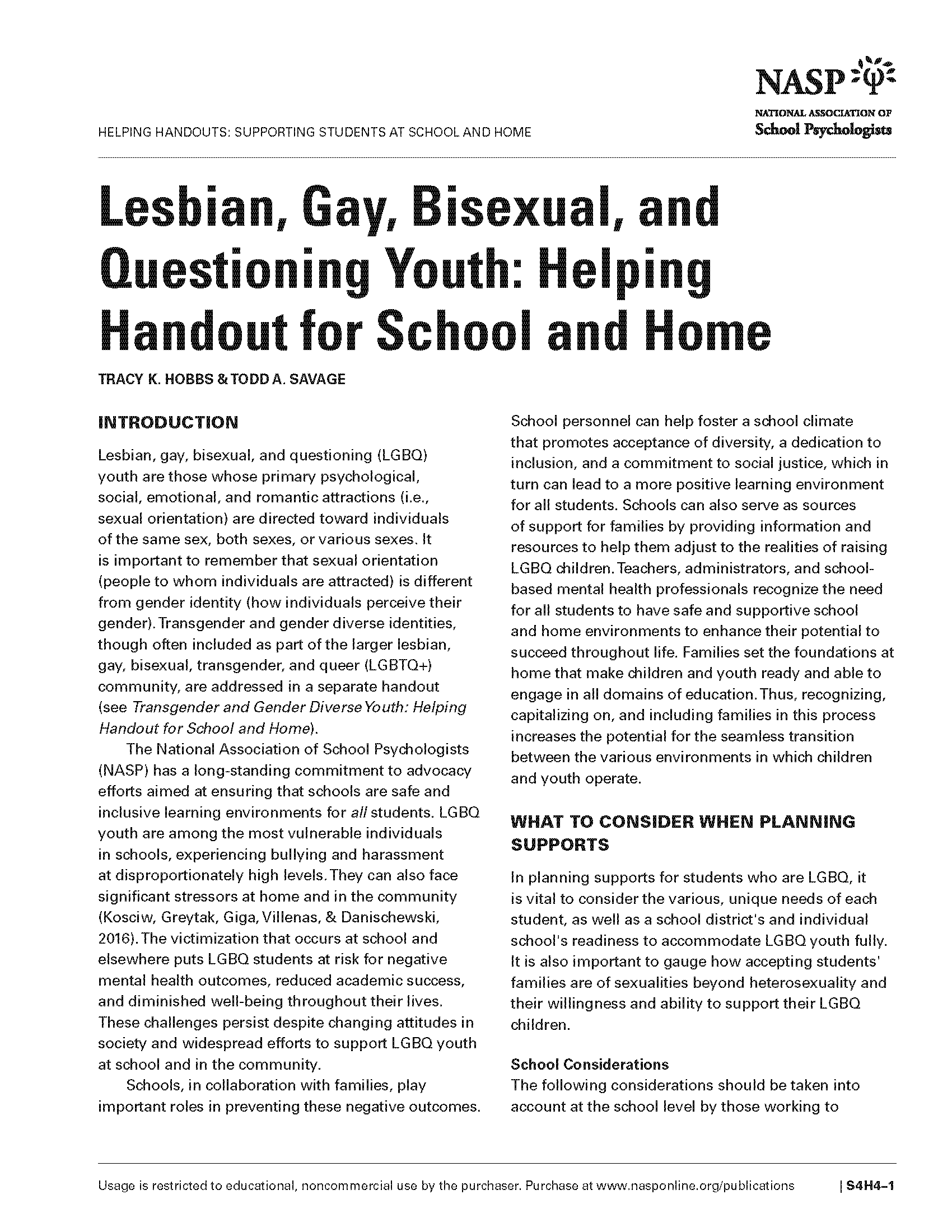 Lesbian, Gay, Bisexual, and Questioning Youth: Helping Handout for School and Home