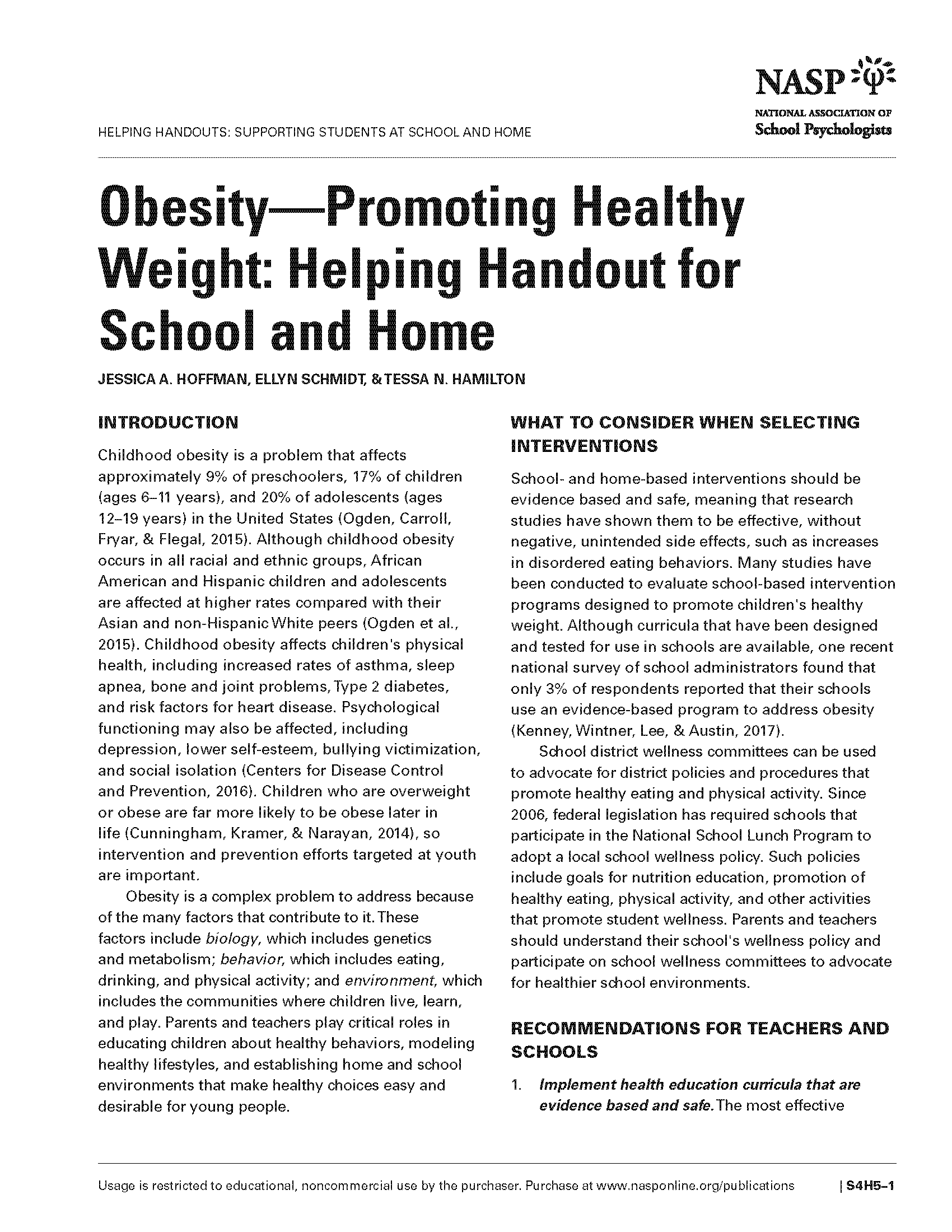Obesity–Promoting Healthy Weight: Helping Handout for School and Home