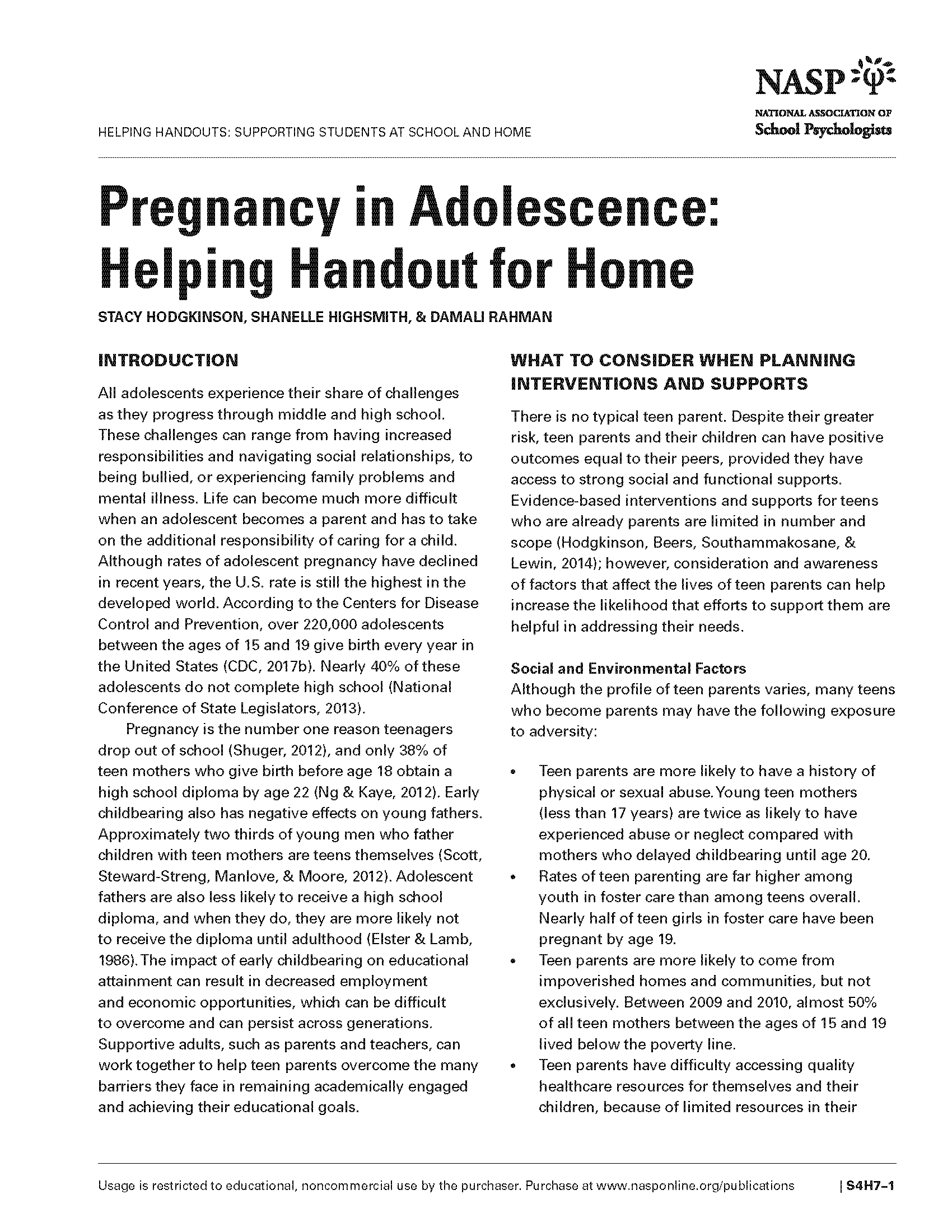 Pregnancy in Adolescence: Helping Handout for Home 