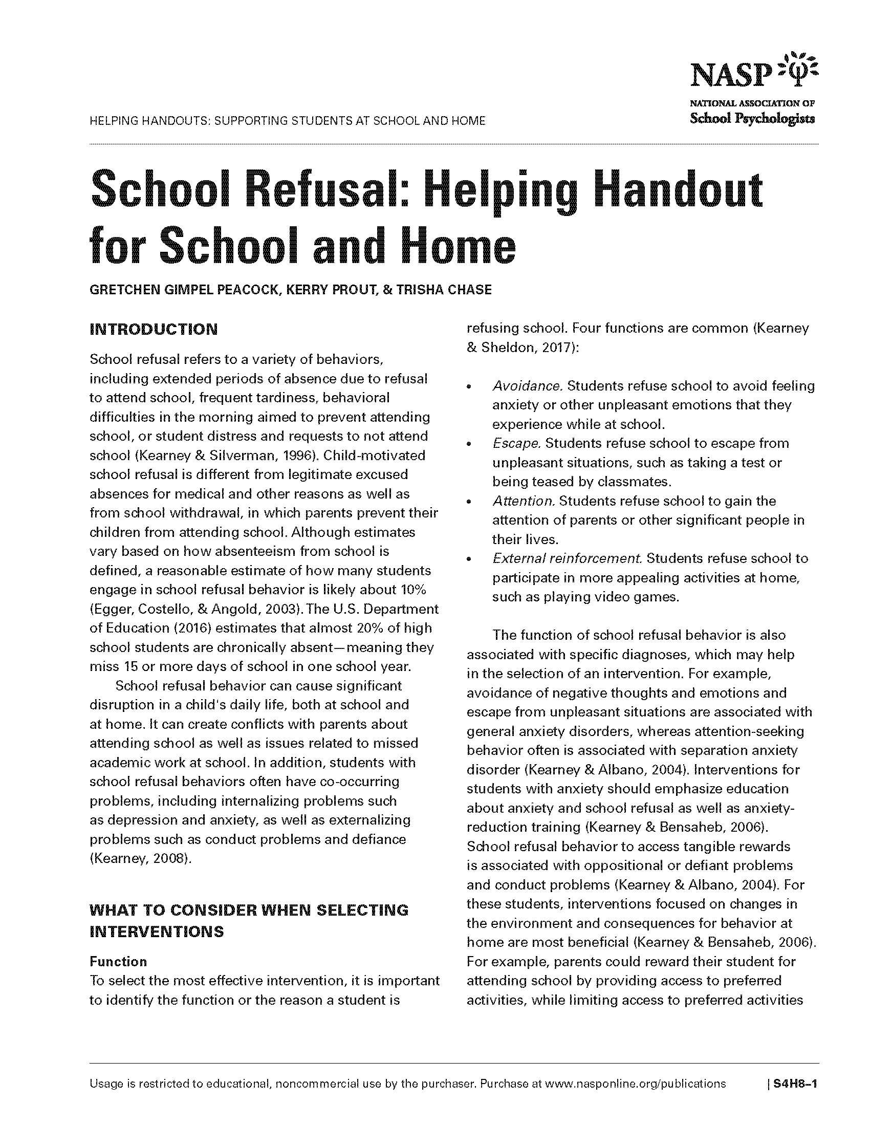 School Refusal: Helping Handout for School and Home
