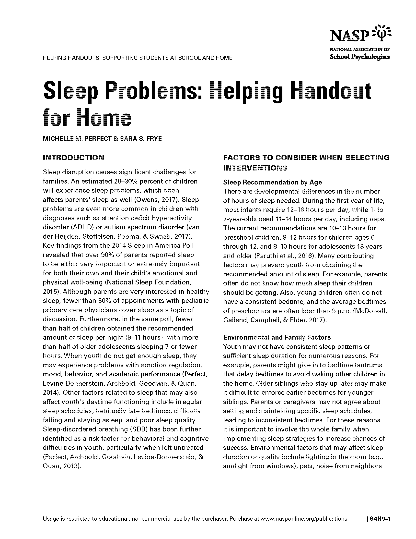 Sleep Problems: Helping Handout for Home 
