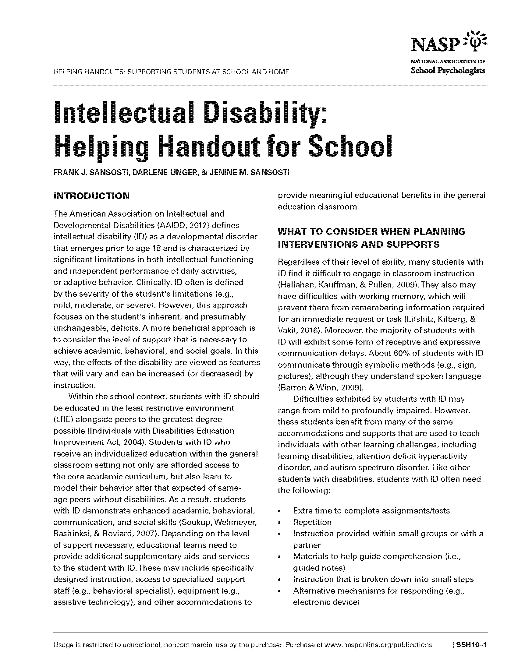 Intellectual Disability: Helping Handout for School
