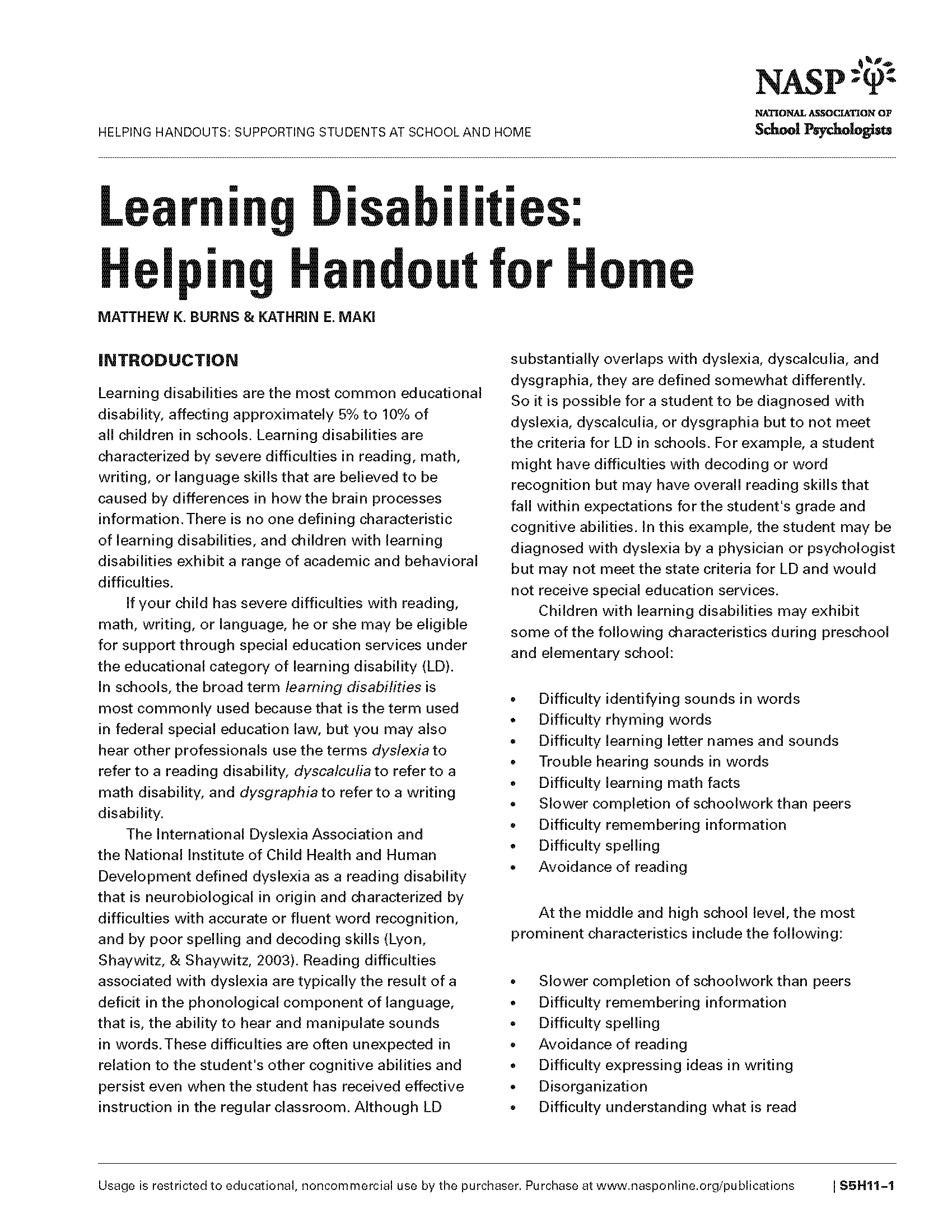 Specific Learning Disabilities: Helping Handout for Home