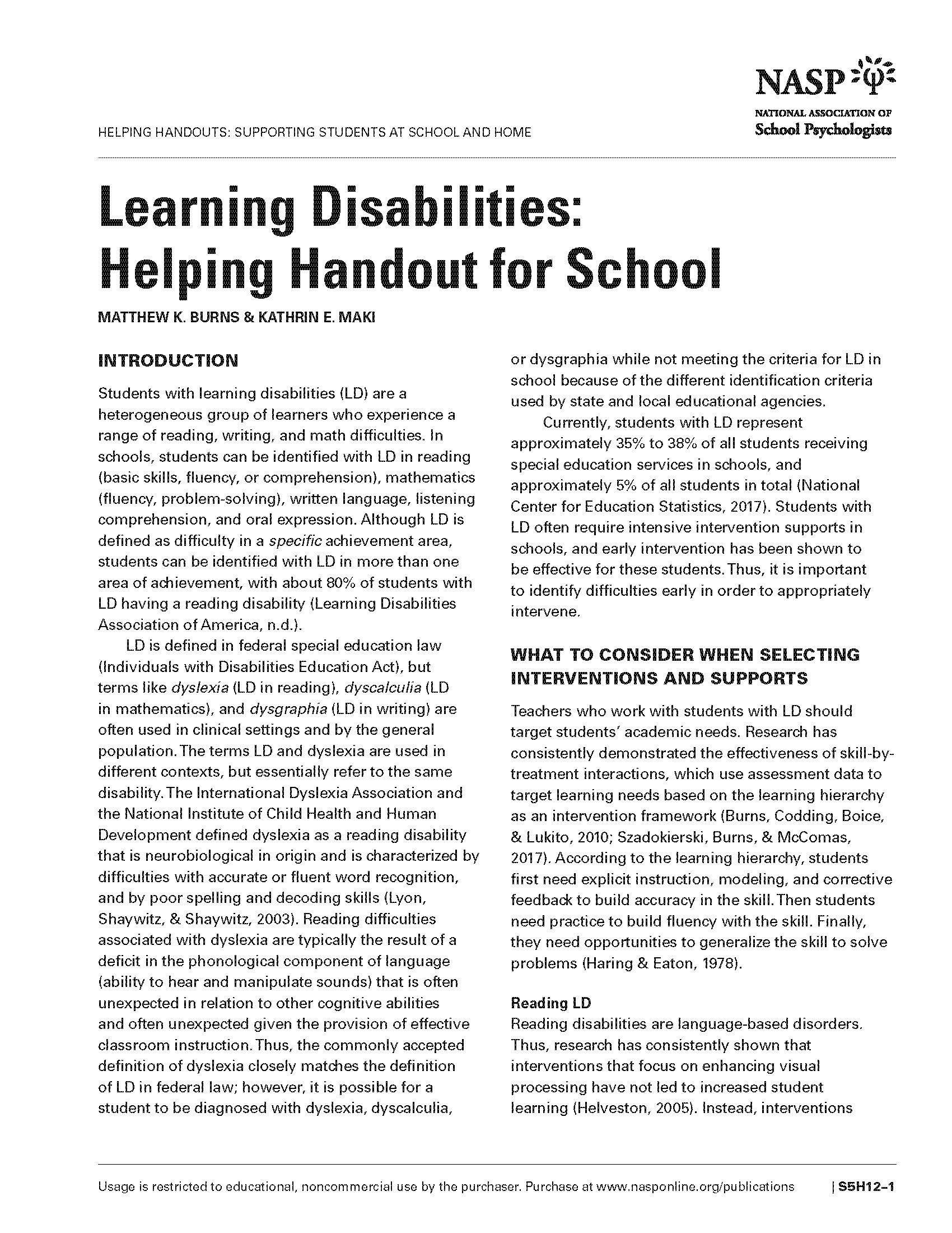 Specific Learning Disabilities: Helping Handout for School