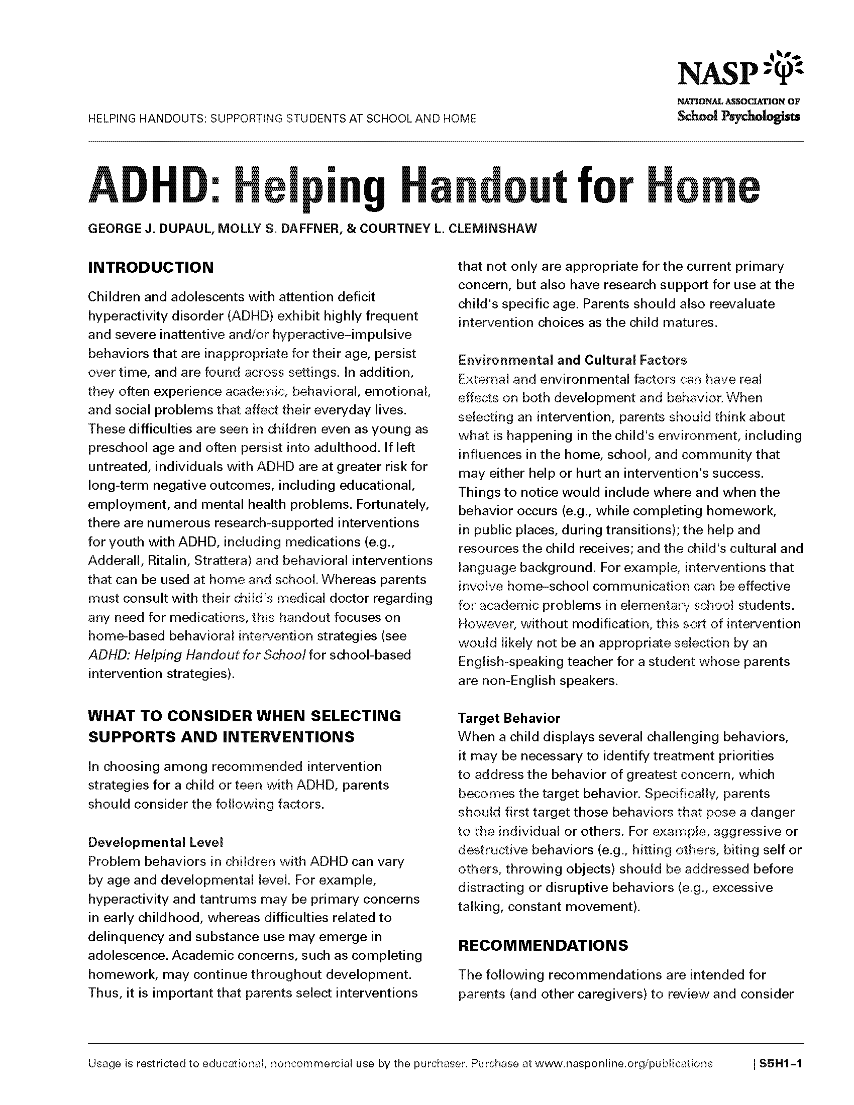 ADHD: Helping Handout for Home