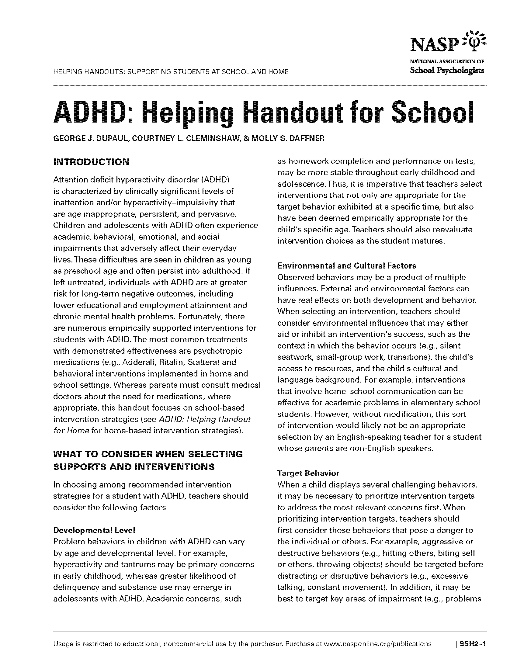 ADHD: Helping Handout for School