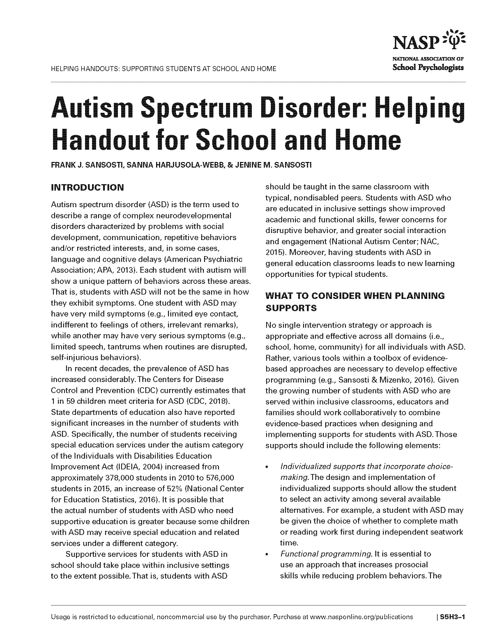 Autism Spectrum Disorder: Helping Handout for School and Home
