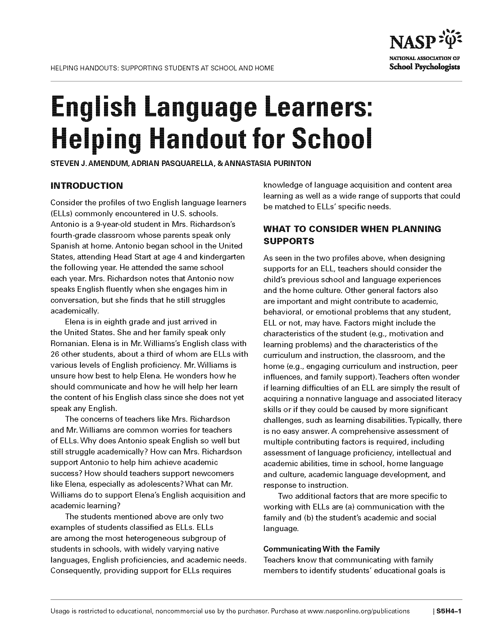 English Language Learners: Helping Handout for School