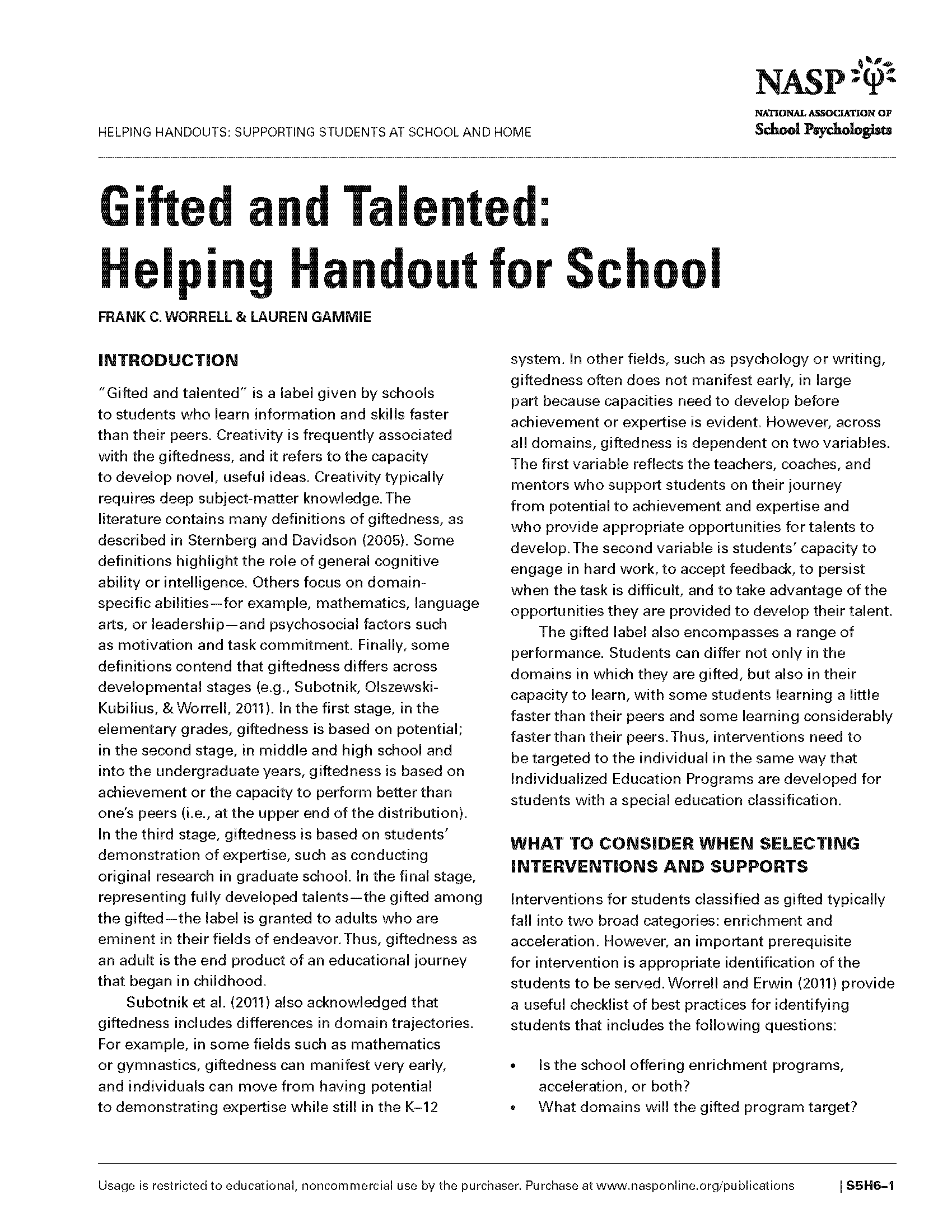 Gifted and Talented: Helping Handout for School