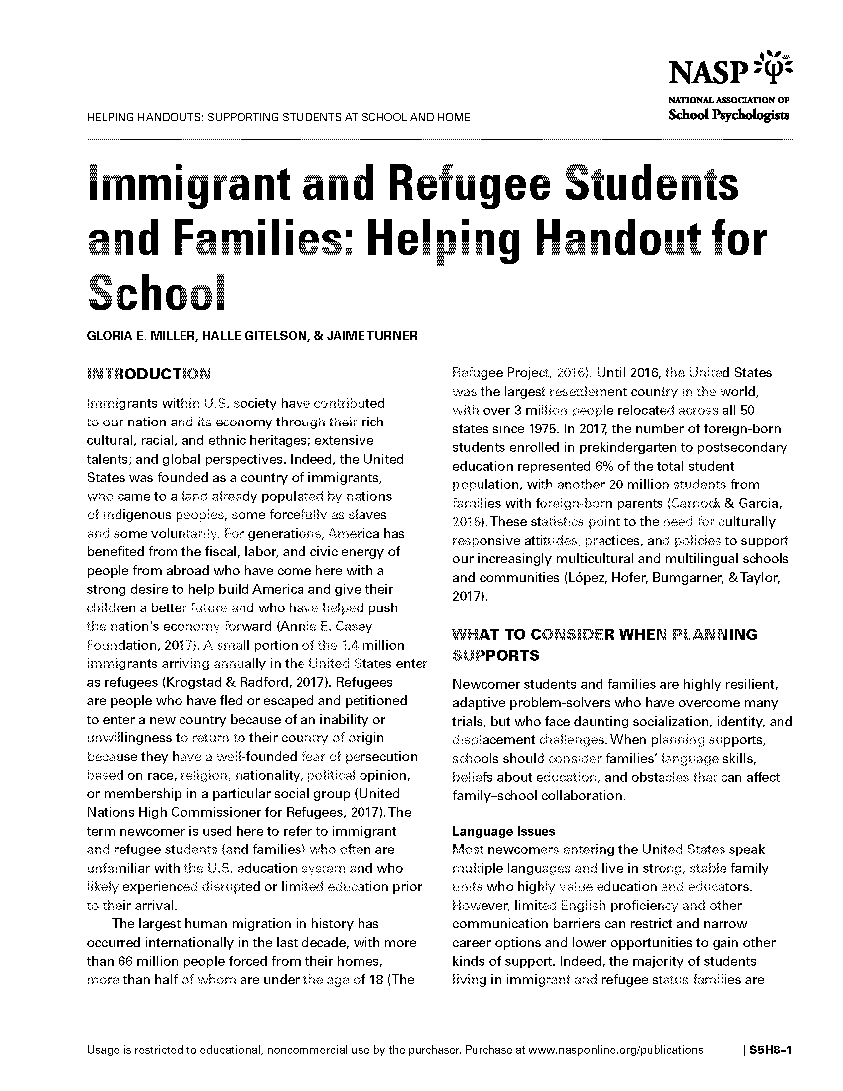 Immigrant and Refugee Students and Families: Helping Handout for School