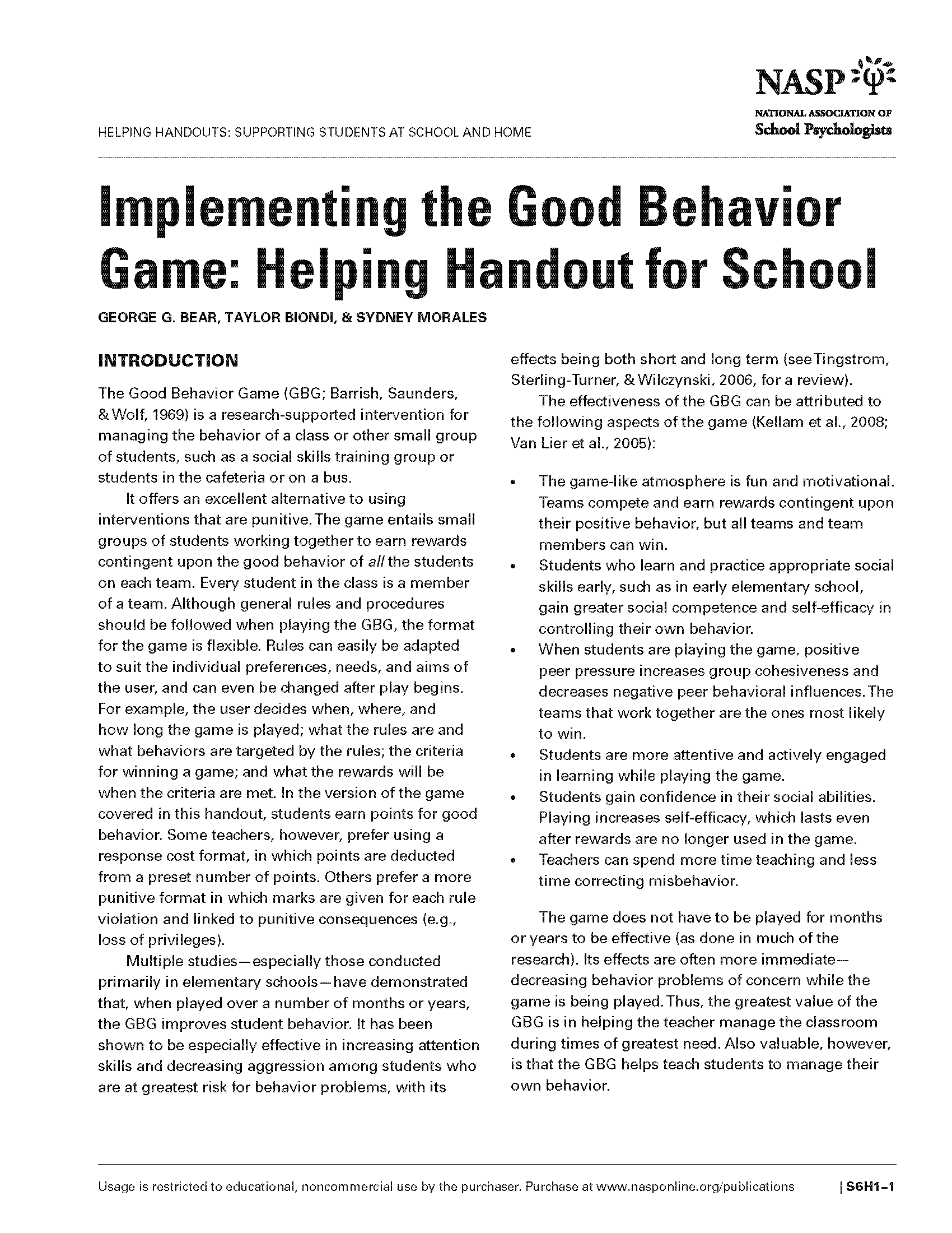 Implementing the Good Behavior Game: Helping Handout for School