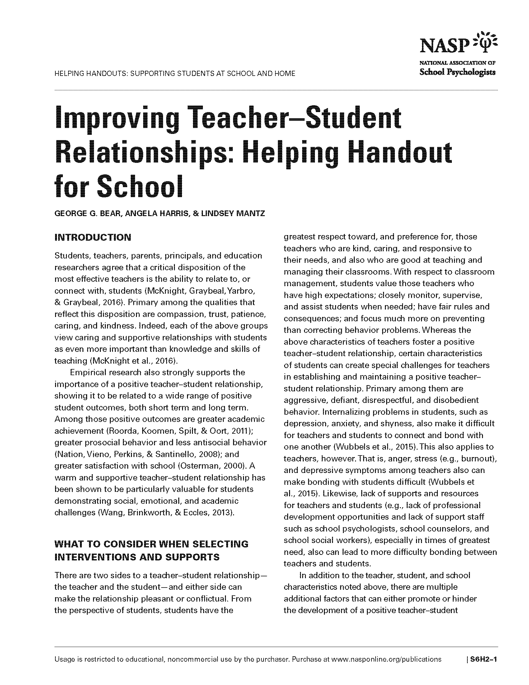 Improving Teacher–Student Relationships: Helping Handout for School
