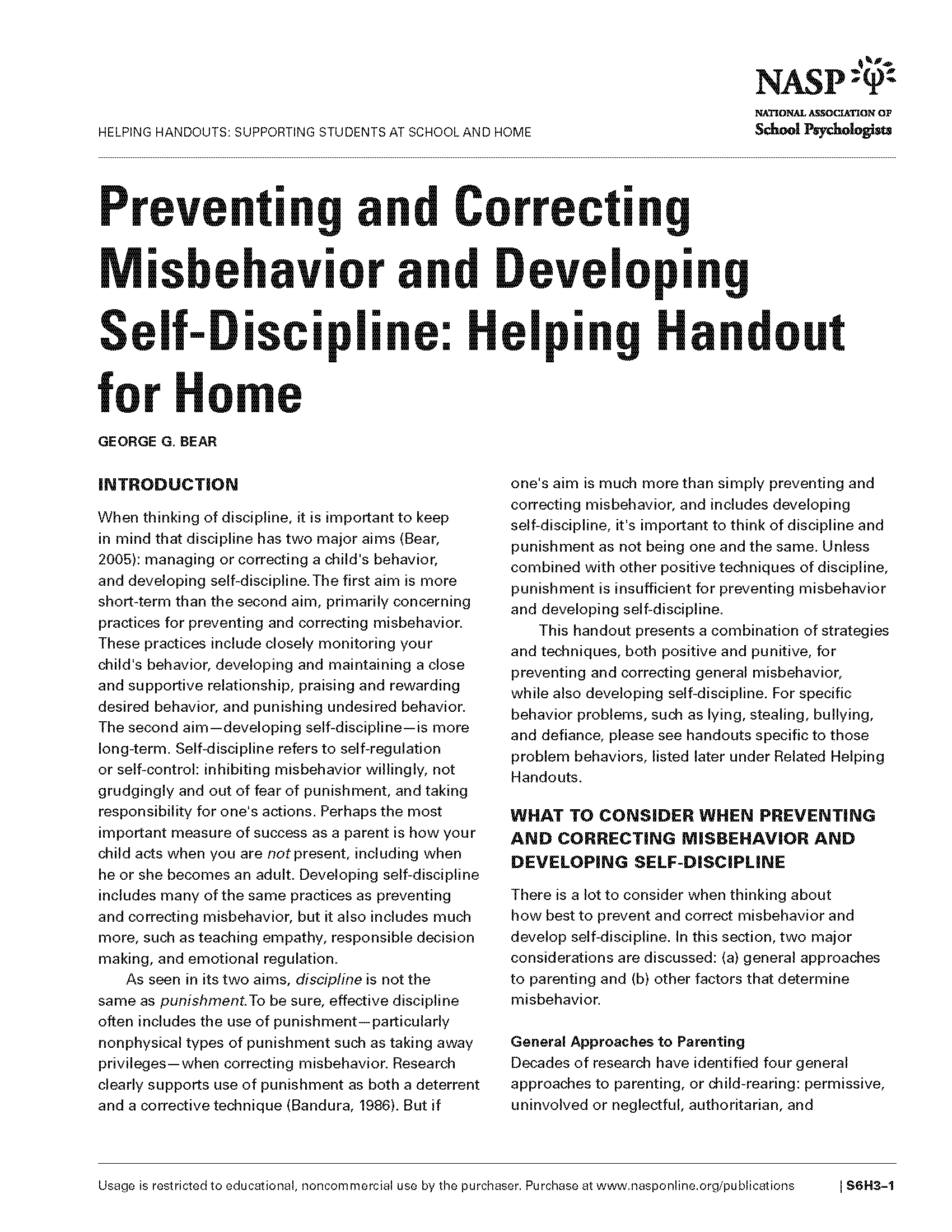 Preventing and Correcting Misbehavior and Developing Self-Discipline: Helping Handout for Home