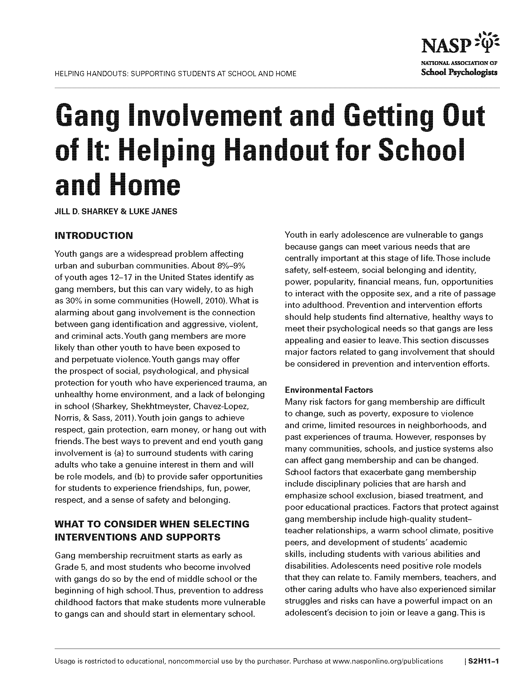 Gang Involvement and Getting Out of It: Helping Handout for School and Home