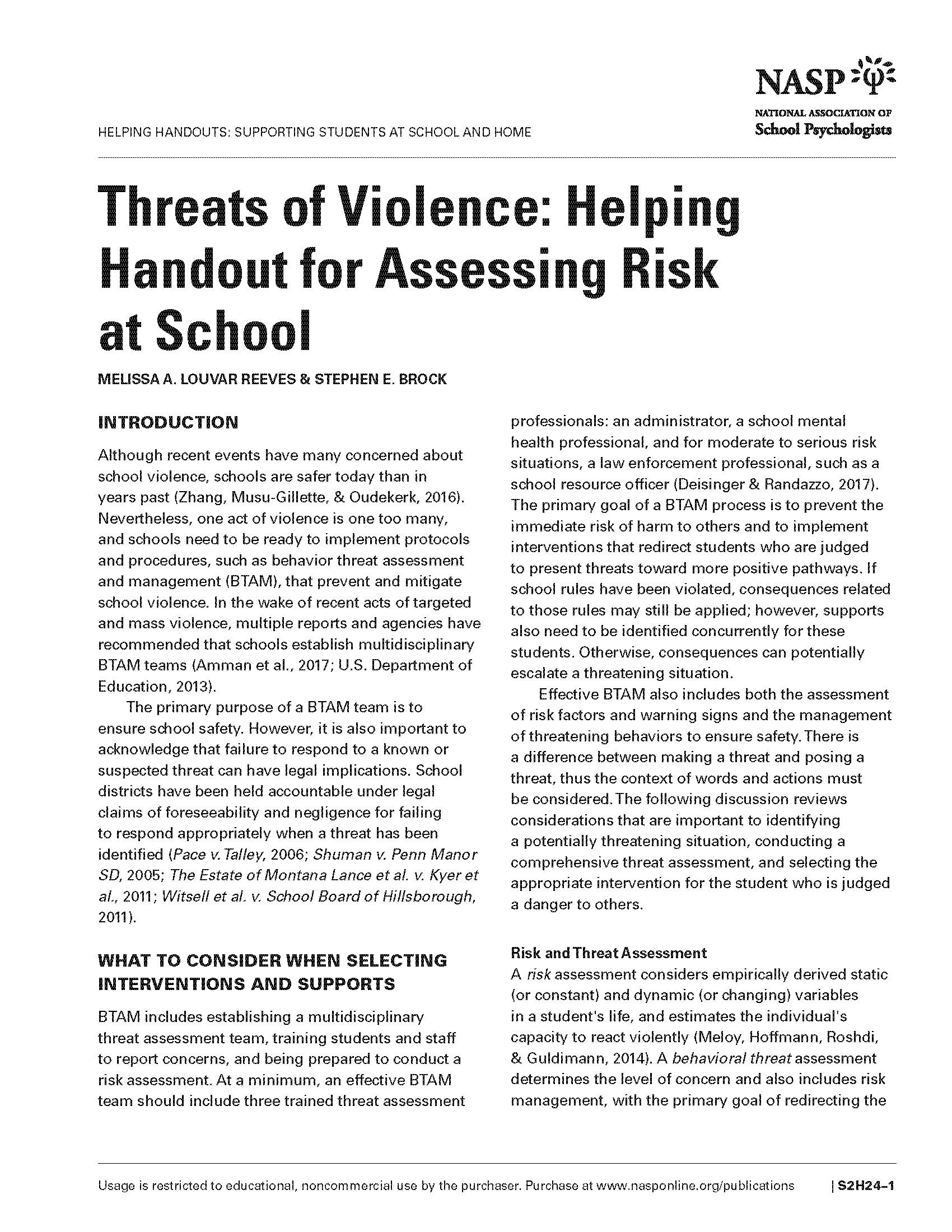 Threats of Violence: Helping Handout for Assessing Risk at School