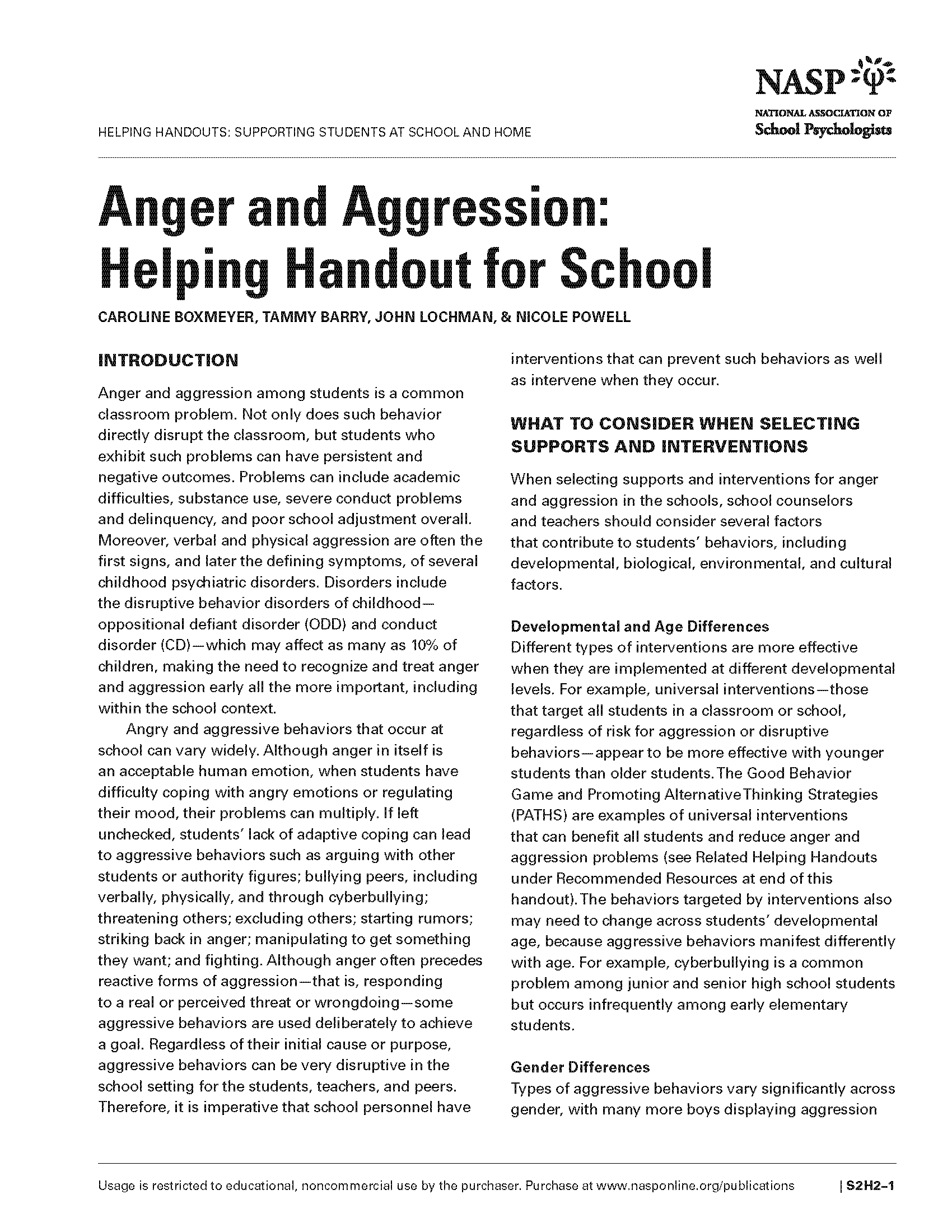 Anger and Aggression: Helping Handout for School