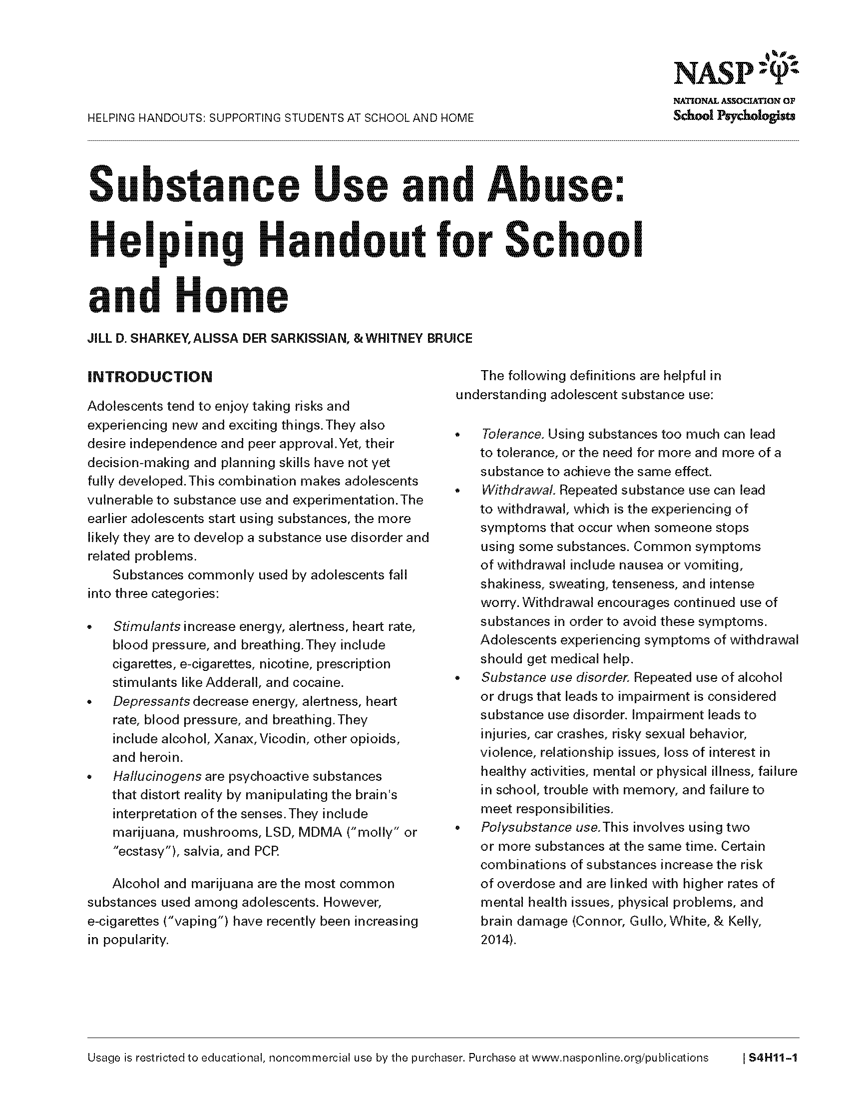 Substance Use and Abuse: Helping Handout for School and Home