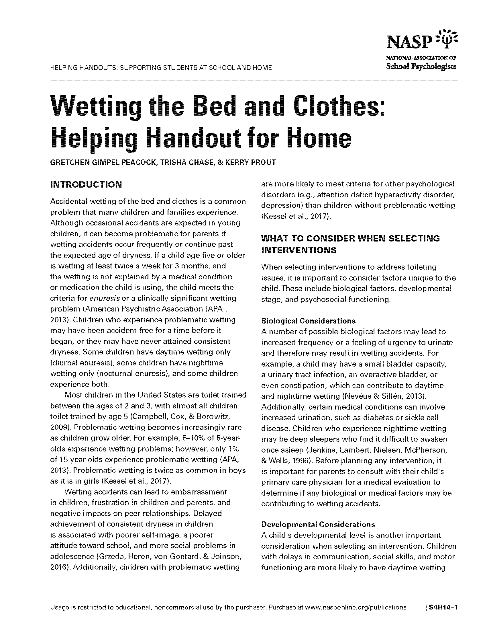 Wetting the Bed and Clothes: Helping Handout for Home