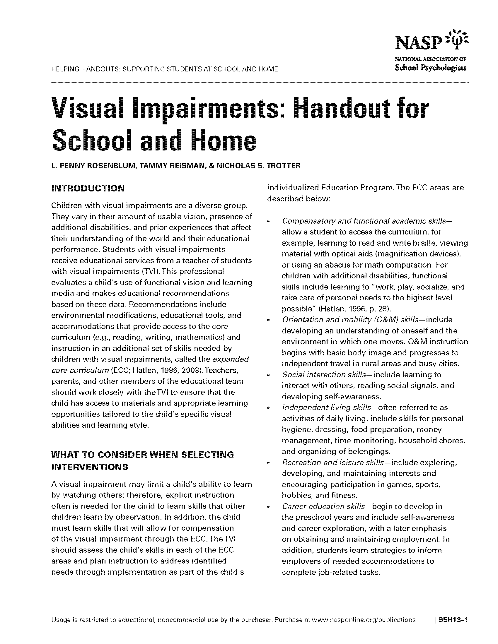 Visual Impairments: Helping Handout for School and Home