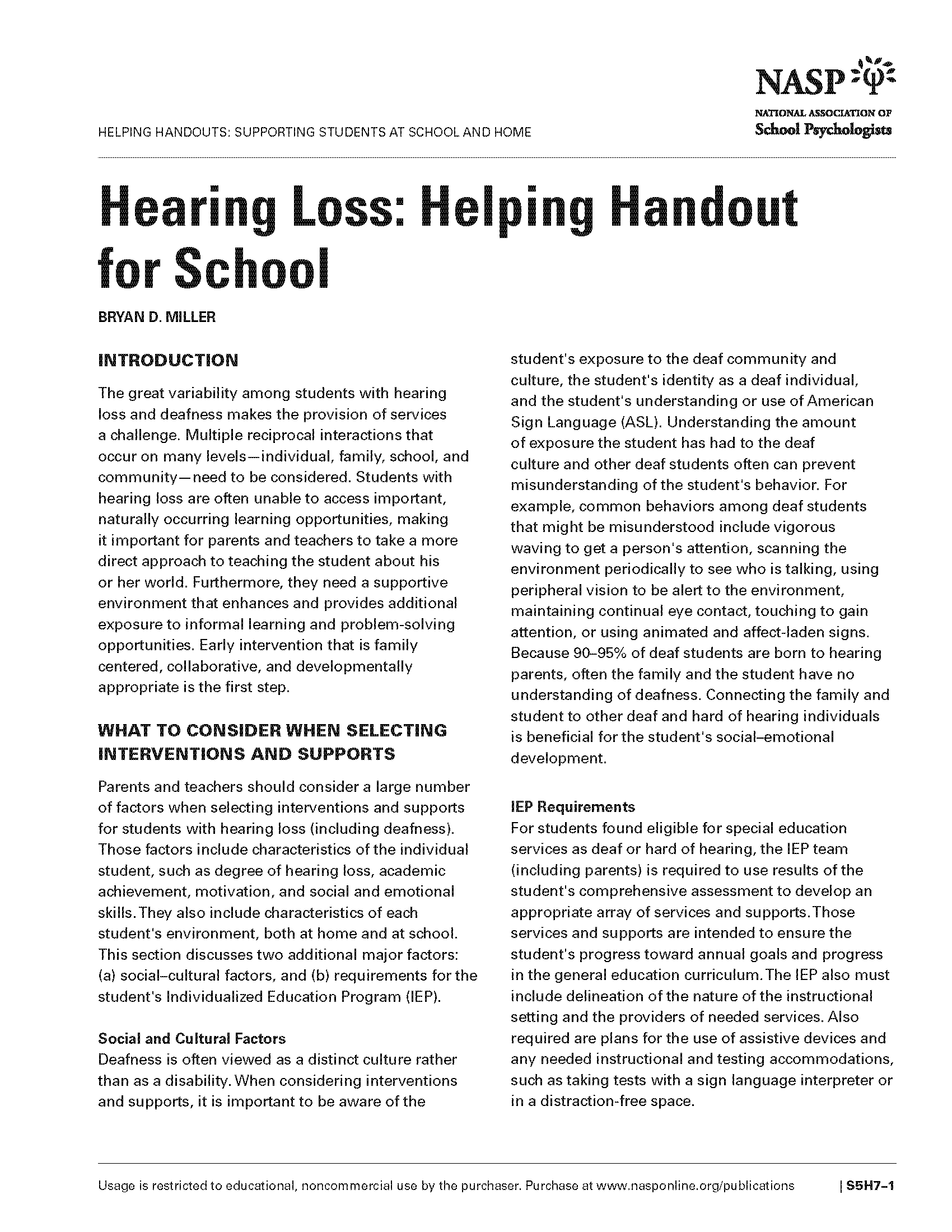 Hearing Loss: Helping Handout for School